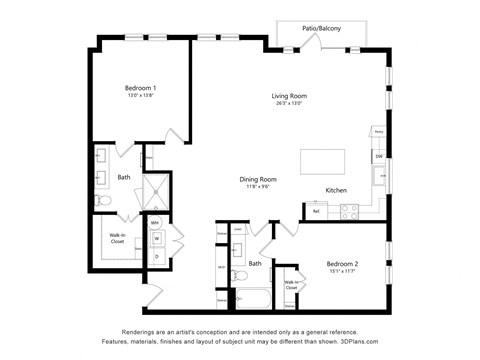 Floor plan for 2 beds, 2 baths, 1441 sqft